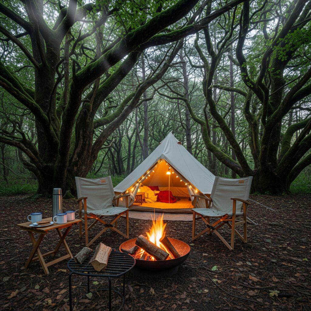 A cozy tent and camping chairs set up under a canopy of trees.