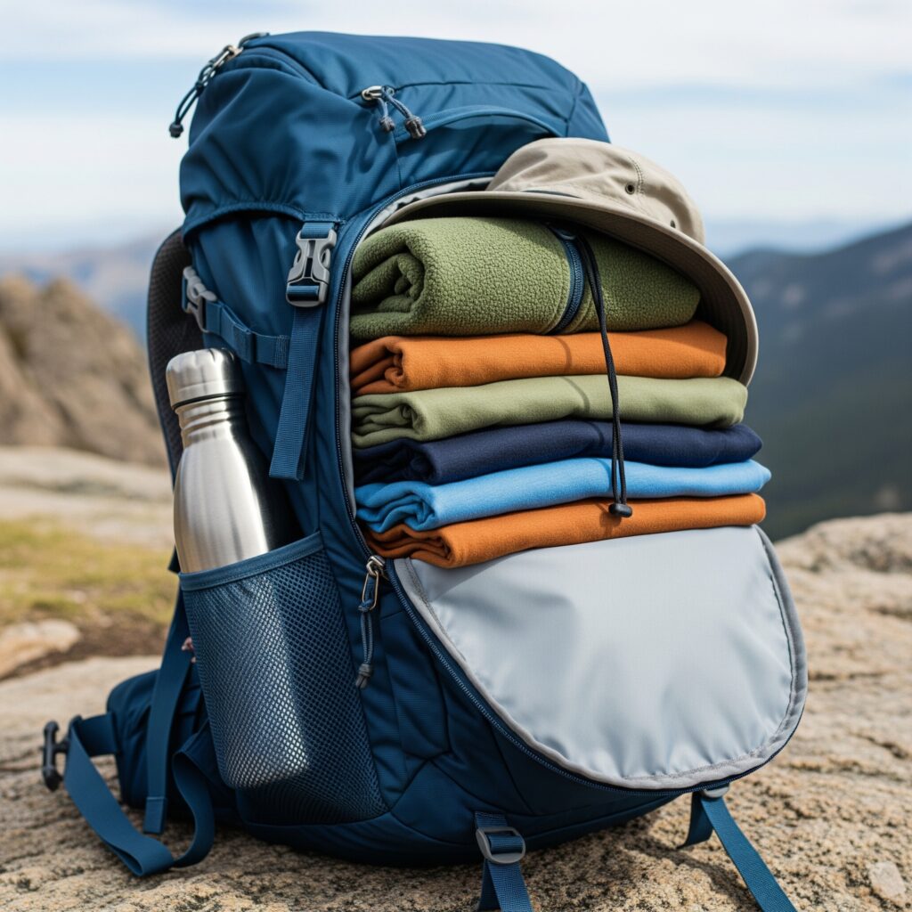 A backpack filled with layered clothing, a hat, and a water bottle.