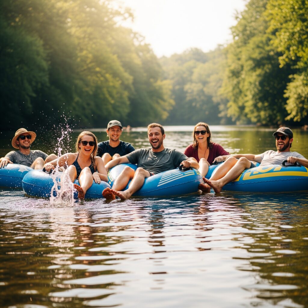 A group of people smiling while enjoying a river tubing adventure.