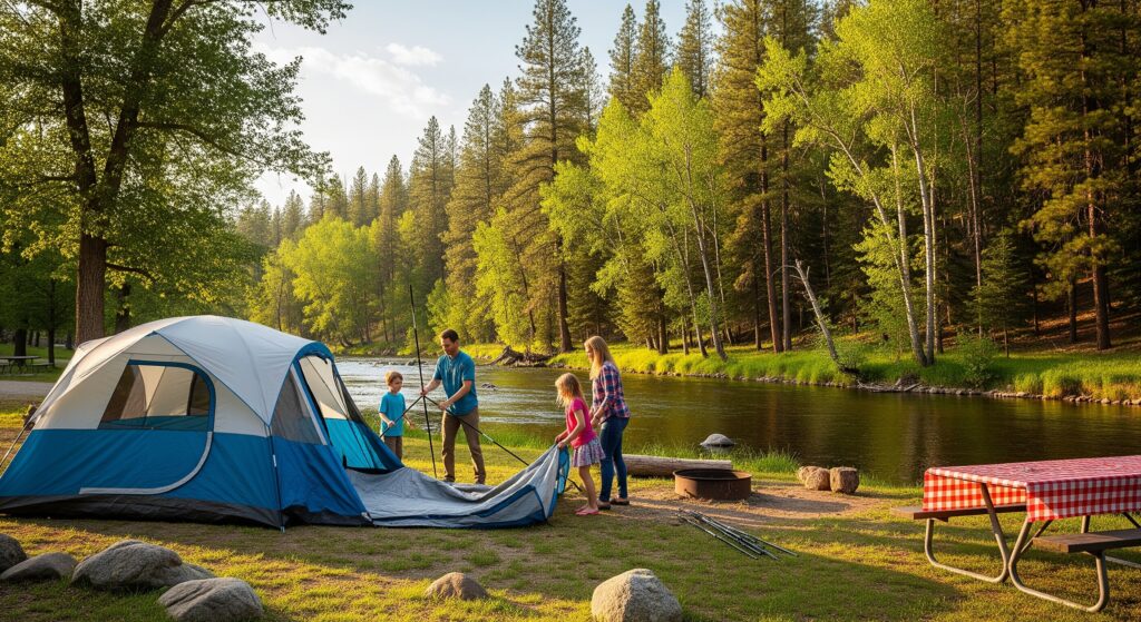 A family setting up a tent at a serene campground next to a river with tall trees.