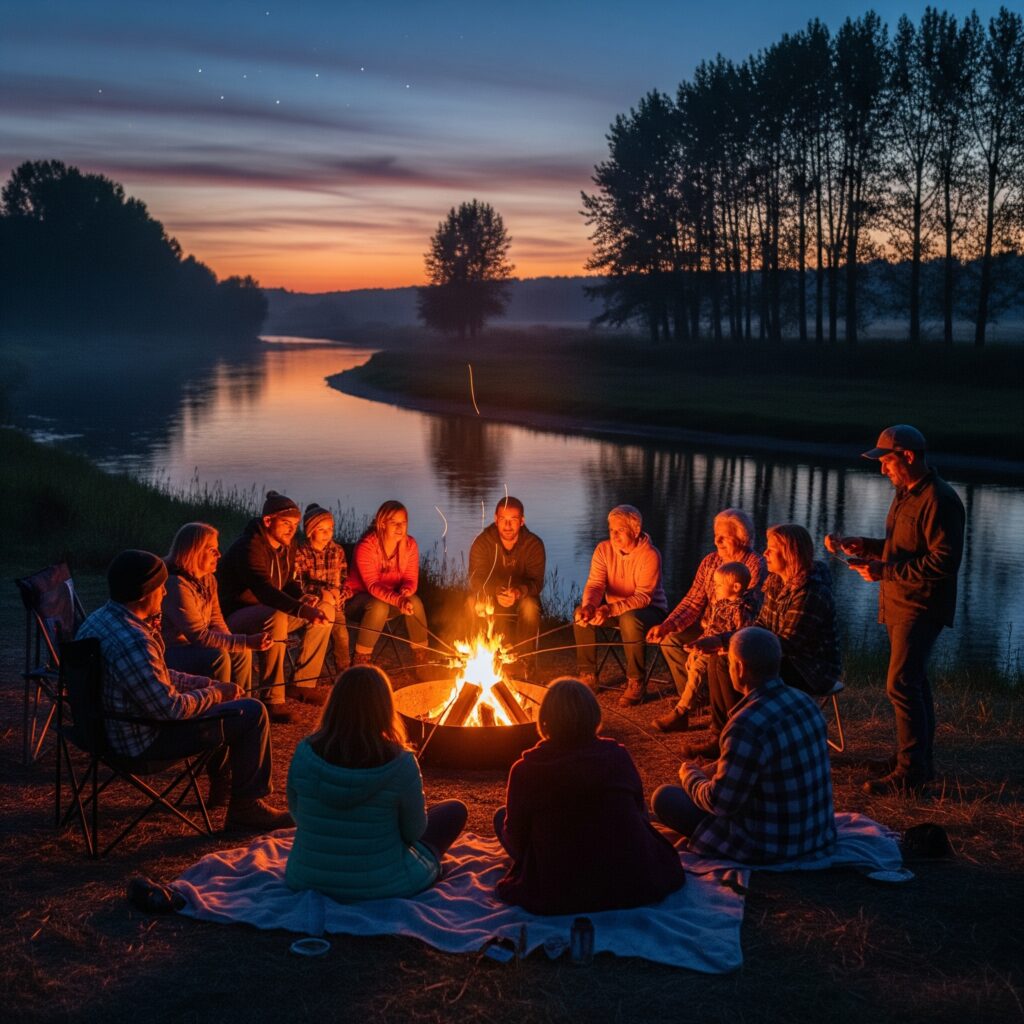 A group of friends and family gathered around a campfire by the river at dusk.