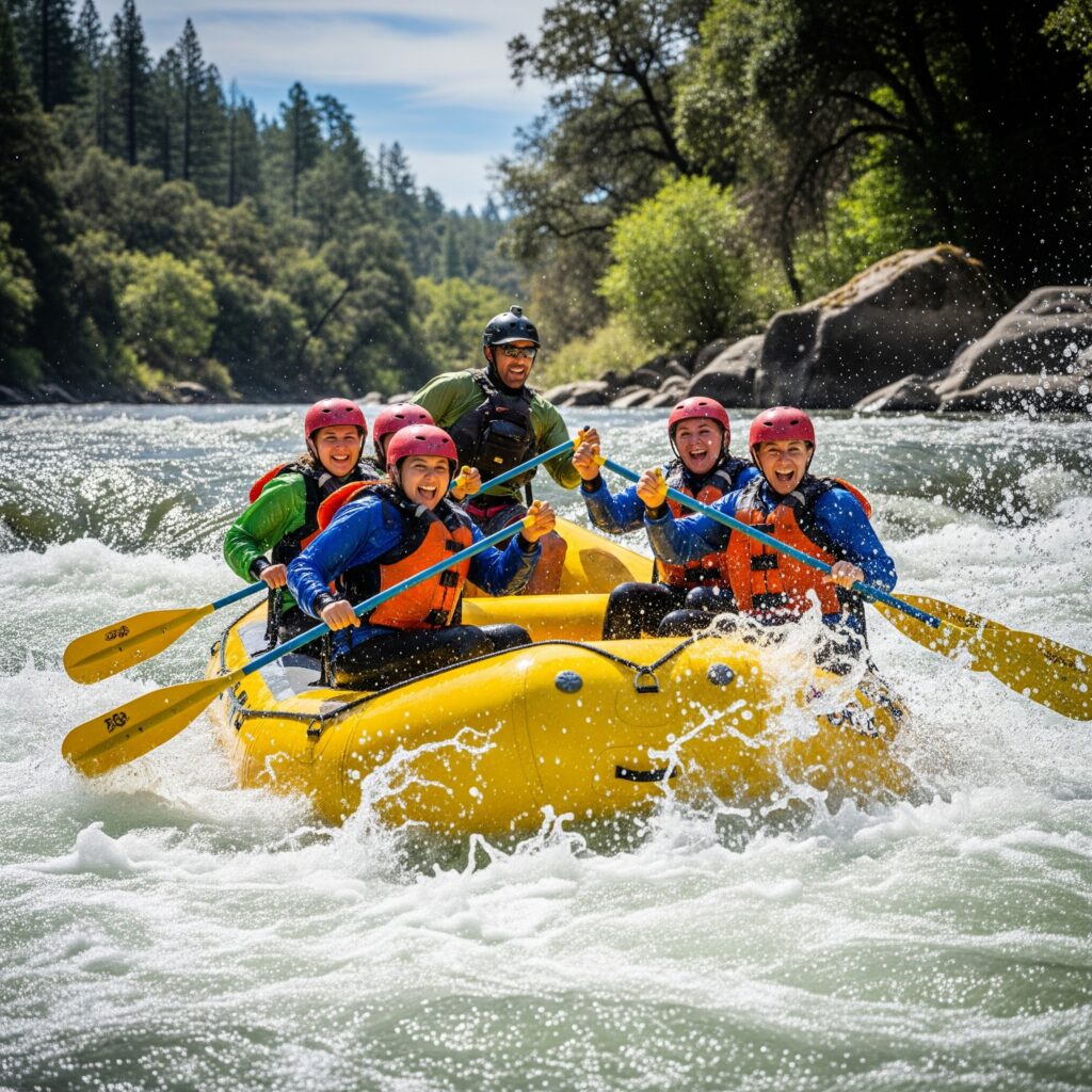 A group of people smiling while white-water rafting on the American River.
