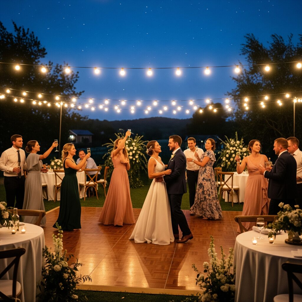 A beautiful, rustic outdoor brunch setup with a long wooden table set with food and flowers.