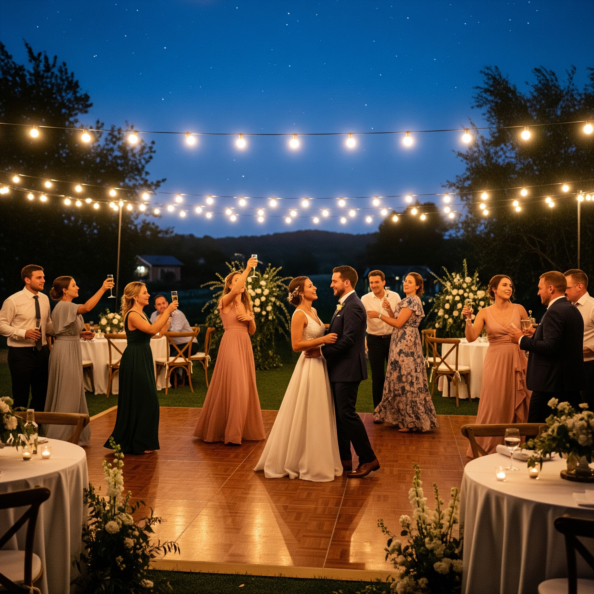 A beautiful, rustic outdoor brunch setup with a long wooden table set with food and flowers.