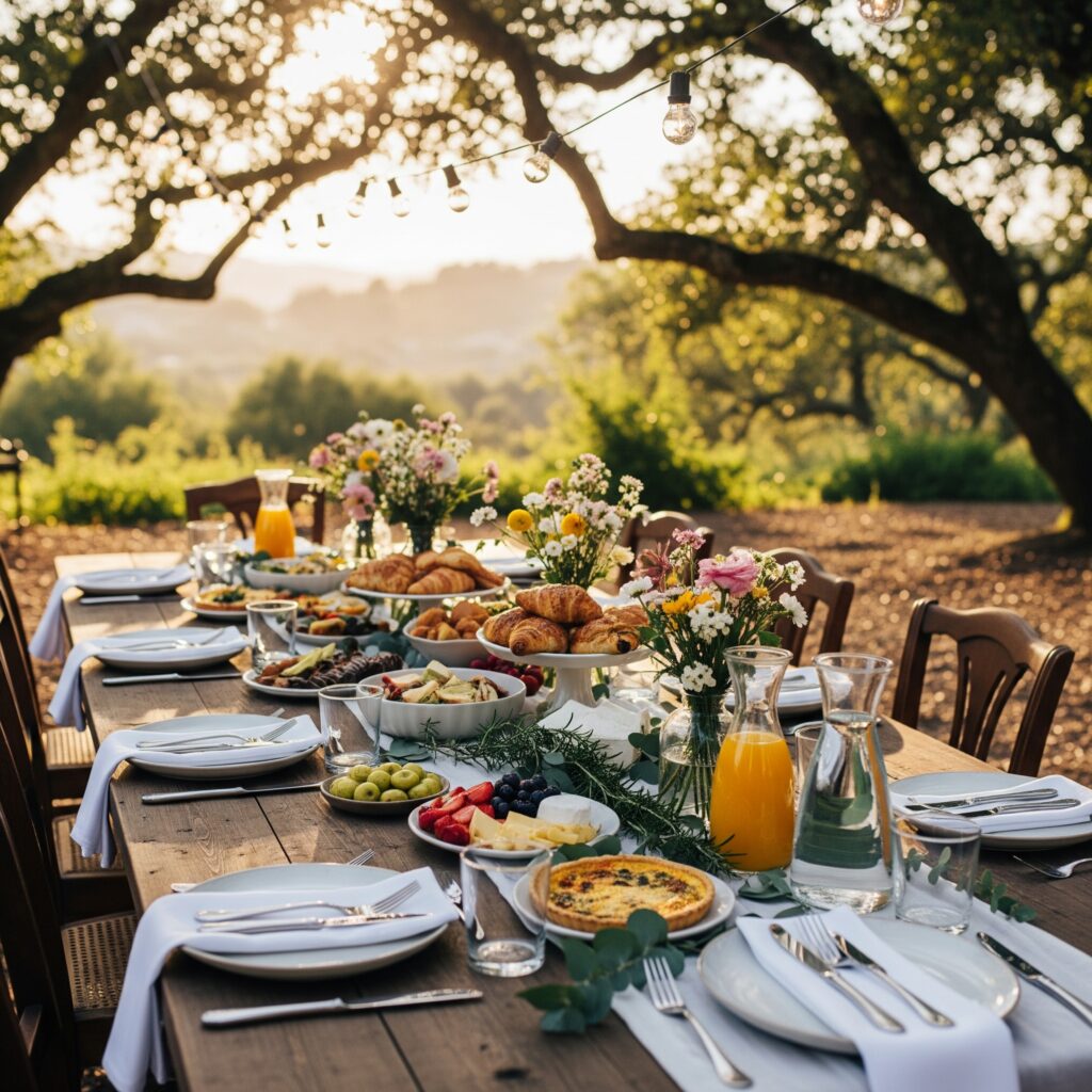 A wedding reception with a dance floor, string lights, and guests celebrating under the stars.