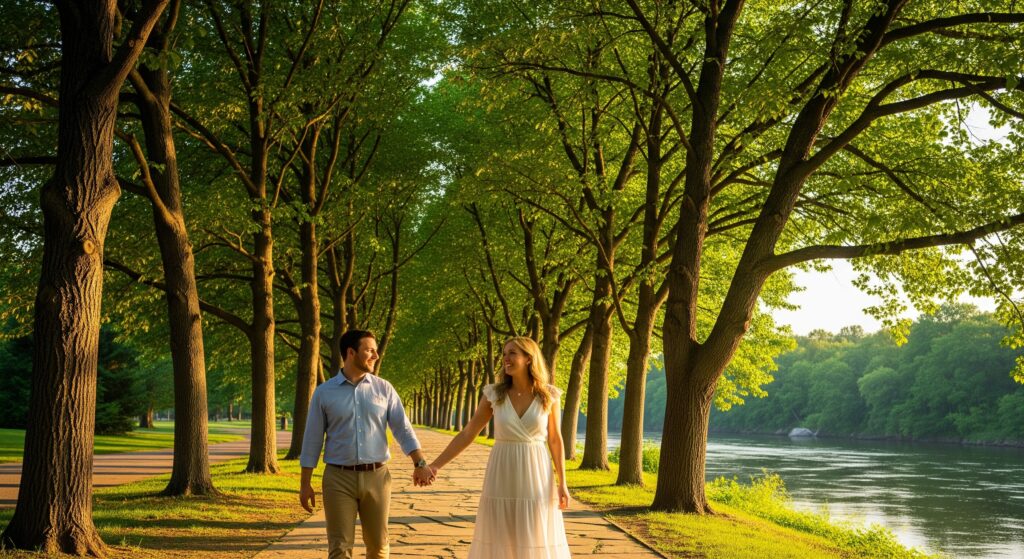 A happy couple holding hands and walking down a sun-dappled aisle surrounded by tall trees and a river in the background.