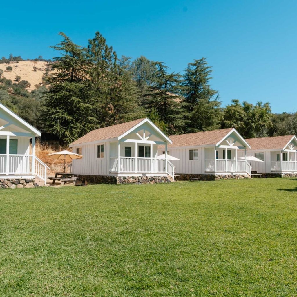 line of white cabins