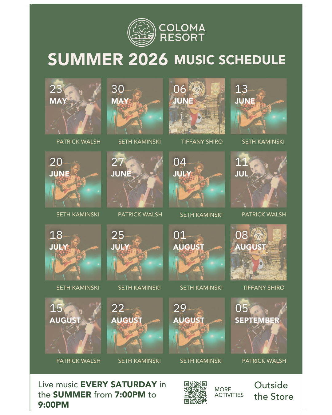 Live music EVERY SATURDAY in the SUMMER from 700PM to 900PM
